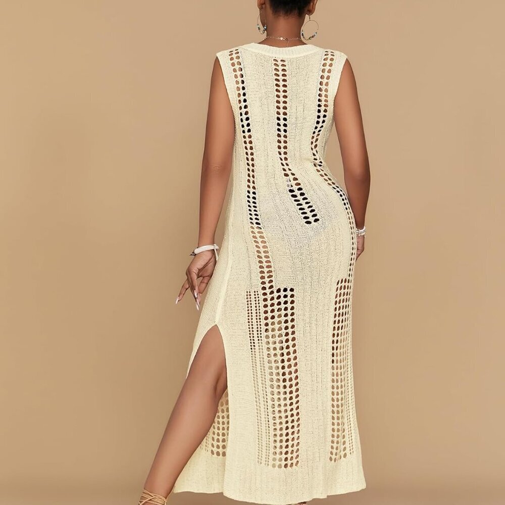 Women’s Crochet Beach Cover Up Sleeveless Summer Knit Swimwear Coverup - Picture 4 of 6